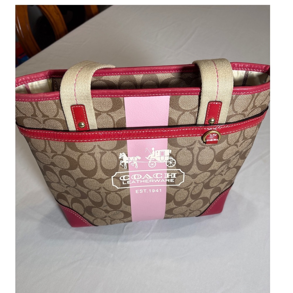Coach Heritage Stripe Tote Brown Pink Signature Canvas Small Bag 11349